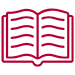 Outline of an open book with writing, maroon on white